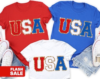 Patriotic USA Shirt for Women and Kids, 4th of July Tee Fourth of July Shirt USA Patch Red White Blue, July 4th T-Shirt