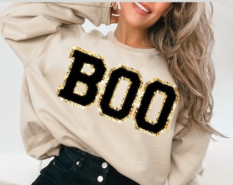 Chenille Patch BOO Halloween Sweatshirt, Halloween Shirts, BOO Halloween Crewneck, Cute Halloween Sweater
