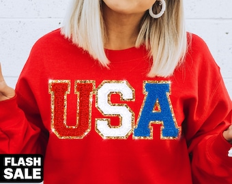 4th of July Shirt for Women, USA Chenille Patch Tee, Patriotic Mommy and Me Outfits, Toddler Red White Blue USA Sweatshirt, July 4th Shirt