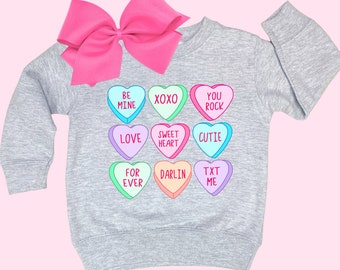 Candy Hearts Valentines Shirt, Toddler Girl Valentines Sweatshirt, Kids Valentines Day TShirt Little Valentines Day Gift for Girls