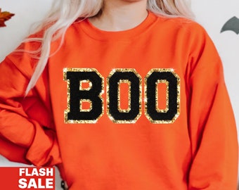 Chenille Patch BOO Halloween Sweatshirt, Halloween Shirts, BOO Halloween Crewneck, Cute Halloween Sweater