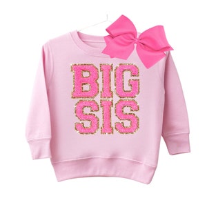 May include: Pink sweatshirt with gold glitter lettering that says "BIG SIS" on a pink sweatshirt.