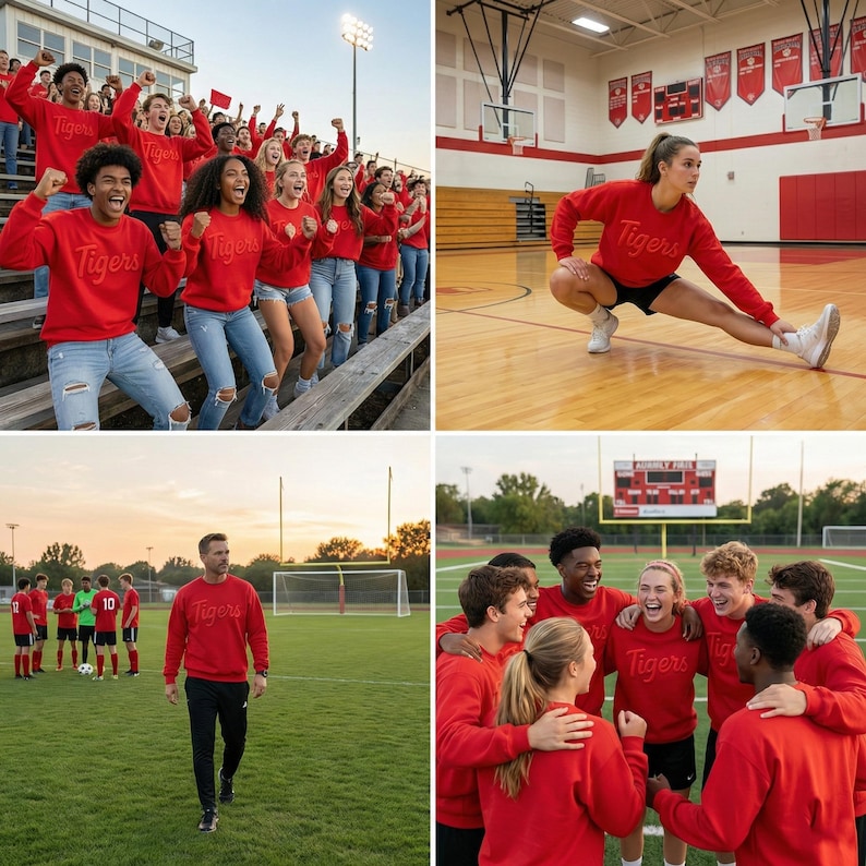 Puede incluir: Una sudadera roja de manga larga con la palabra Tigers escrita en cursiva en el pecho. La prenda se muestra en diversos entornos, usada por personas en grupo, durante actividades atl&eacute;ticas y en un campo de deportes.