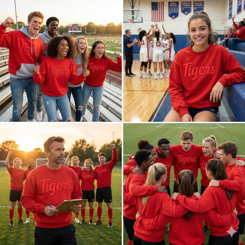 Puede incluir: Una colecci&oacute;n de sudaderas rojas con la palabra Tigers en relieve, usadas por personas en diversos entornos deportivos, incluyendo gradas, una cancha de baloncesto y un campo, combinadas con jeans, pantalones cortos o pantalones.