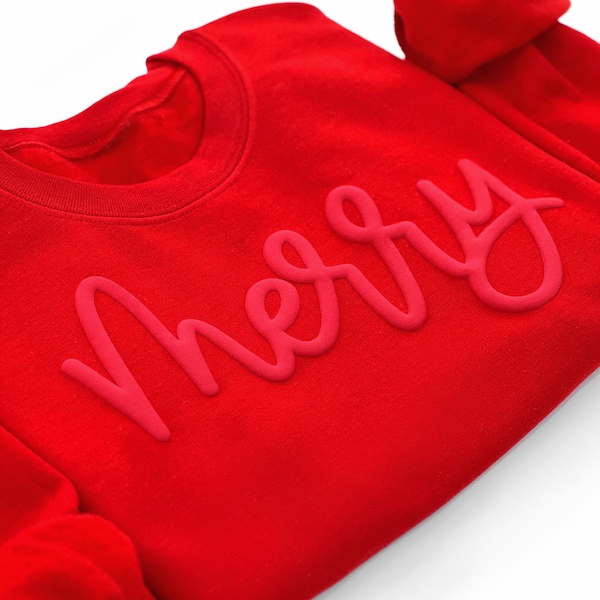 Embossed Christmas Sweatshirt, Christmas Shirts, Merry Christmas Crewneck, Cute Winter Sweater Unique Holiday Gift Merry Sweatshirt Puff