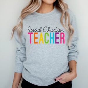 May include: A gray sweatshirt with the text "Special Education TEACHER" in rainbow colors.