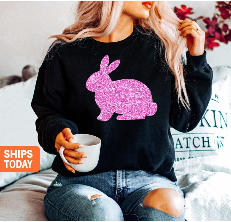 Glitter EASTER BUNNY Shirt - Womens Easter Shirt - Cute Easter Sweatshirt Easter Bunny Tee for Women, Easter hoodie, PINK Bunny SWEATER