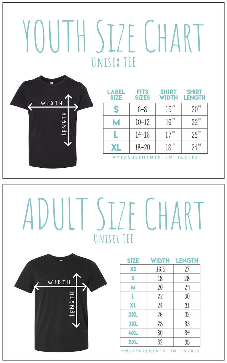 Peut inclure: Tableau des tailles pour t-shirts unisexes pour enfants et adultes avec des mesures en pouces. Le tableau indique la taille de l'&eacute;tiquette, les tailles correspondantes, la largeur du t-shirt et la longueur du t-shirt.