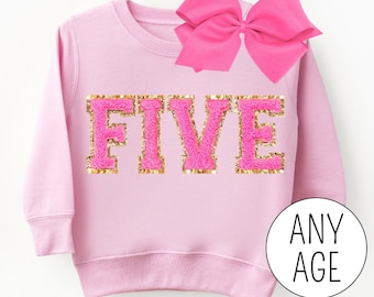 5th Birthday Girl Sweatshirt, Pink Gold Glitter FIVE Shirt