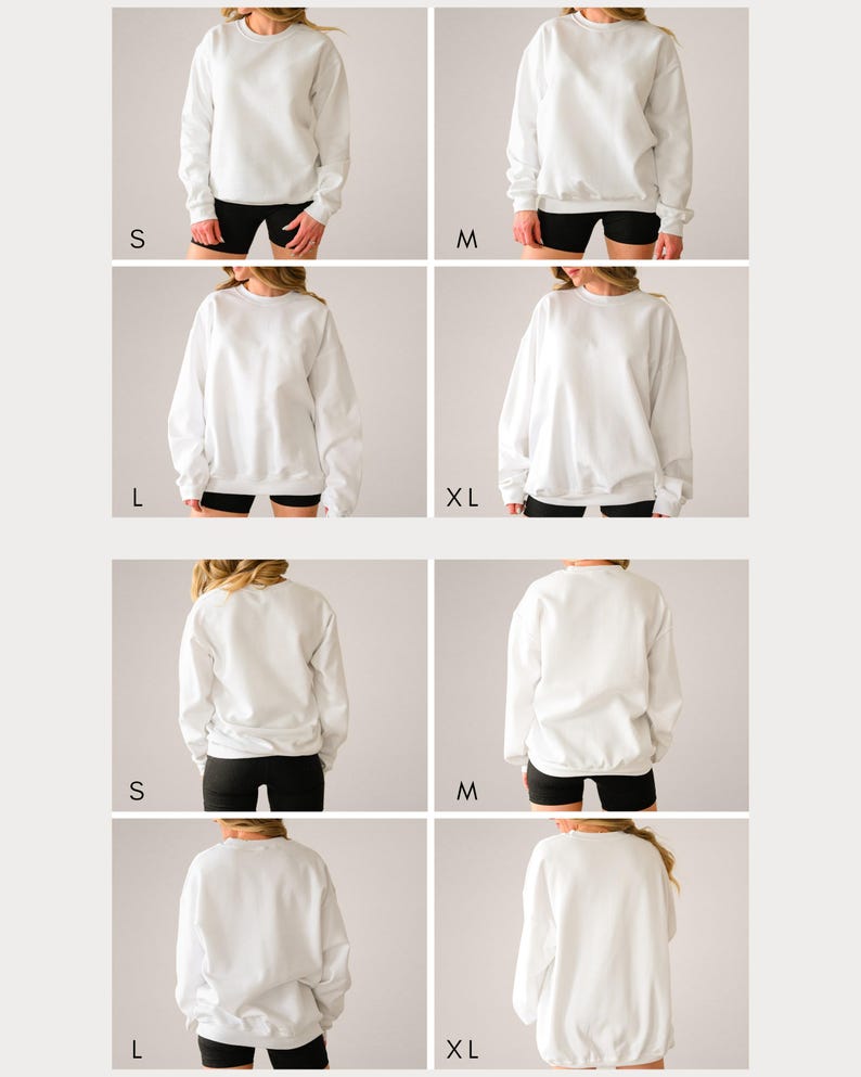 May include: A collection of plain white crewneck sweatshirts shown in sizes S, M, L, and XL. The images display both the front and back views of the long-sleeved pullover garments, each featuring ribbed cuffs and a ribbed hemline in a solid white colour.