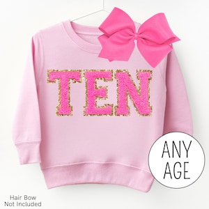 May include: Pink sweatshirt with gold glitter lettering that says "TEN". The sweatshirt is on a hanger and has a pink bow on top.