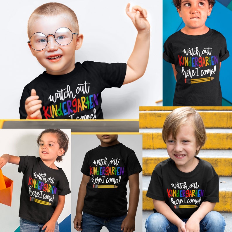 May include: Four children wearing black t-shirts with the text "watch out KINDERGARTEN here I come!" in rainbow colours. The shirts feature a pencil graphic.