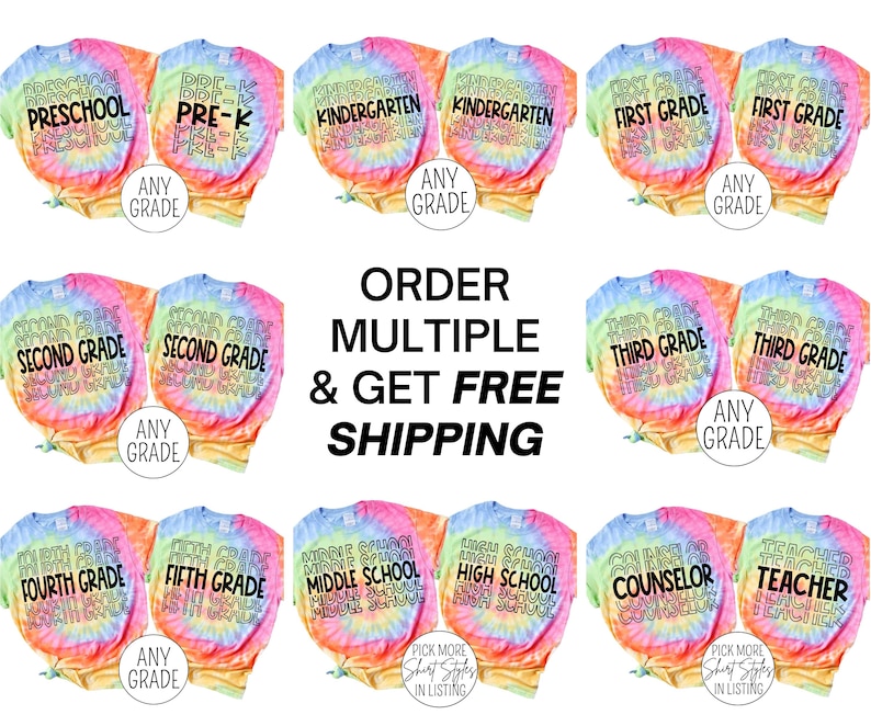 Pu&ograve; includere: Un set di 10 magliette tie-dye con diversi livelli di grado stampati su di esse. Le magliette sono in uno schema di colori arcobaleno e hanno il testo "Ordina pi&ugrave; articoli e ottieni la spedizione gratuita" stampato su di esse.