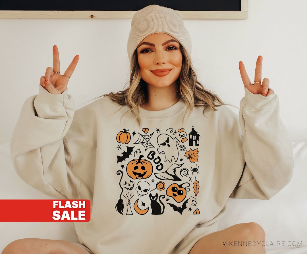 Vintage Halloween Sweatshirt, Doodle Halloween Sweater, Halloween