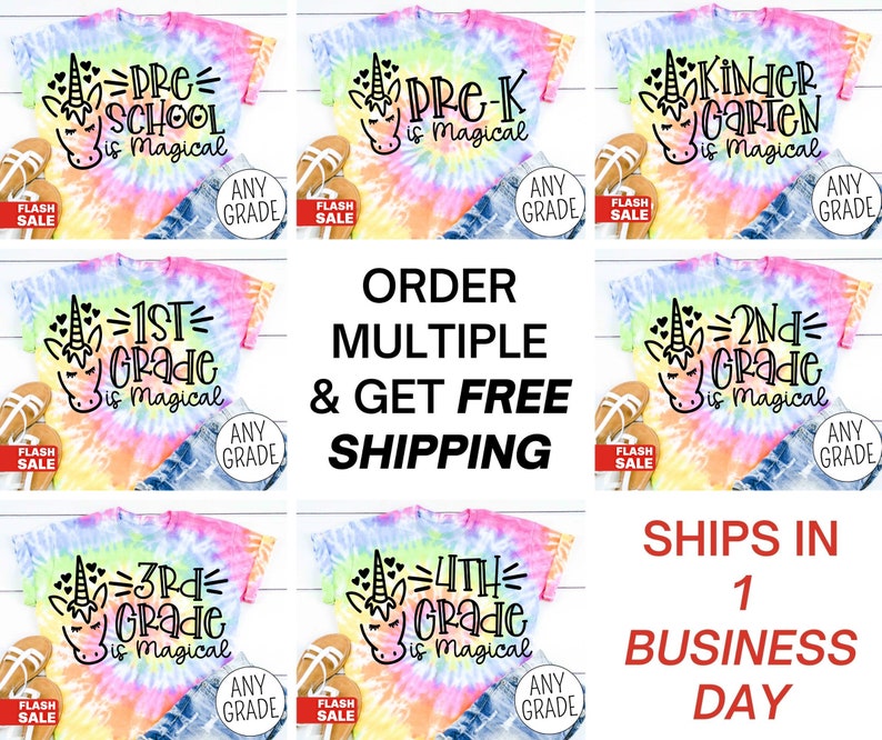 Op de afbeelding: Een set van zes tie-dye T-shirts met een eenhoorn met de tekst "Pre-K is magical", "1st Grade is magical", "2nd Grade is magical", "3rd Grade is magical", "4th Grade is magical", en "Kindergarten is magical".
