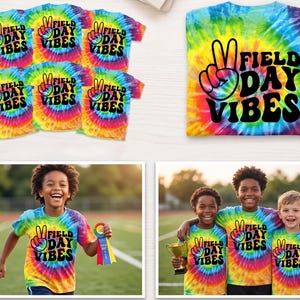 Puede incluir: Camisetas te&ntilde;idas con la t&eacute;cnica tie-dye con el texto "Field Day Vibes" y un signo de la paz. Las camisetas son de varios colores, incluyendo azul, amarillo, rojo y verde. La imagen tambi&eacute;n muestra a ni&ntilde;os usando las camisetas.