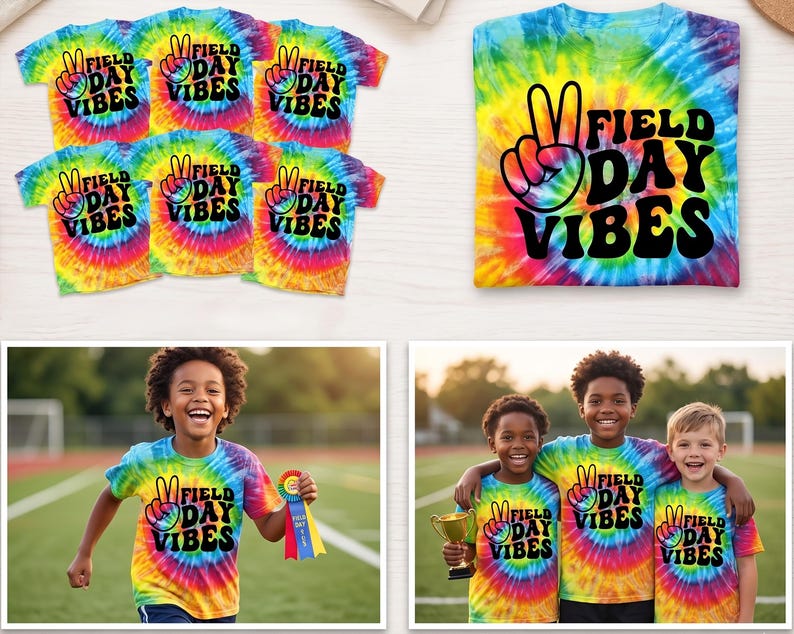 Puede incluir: Camisetas te&ntilde;idas con la t&eacute;cnica tie-dye con el texto "Field Day Vibes" y un signo de la paz. Las camisetas son de varios colores, incluyendo azul, amarillo, rojo y verde. La imagen tambi&eacute;n muestra a ni&ntilde;os usando las camisetas.