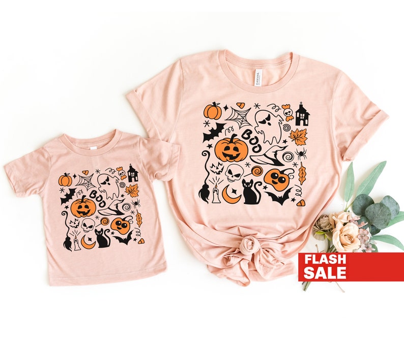 Vintage Halloween Shirt, Mommy and Me Outfits Toddler Girl Halloween Costume, Halloween Sweatshirt, Spooky Cottagecore Doodle Tee 