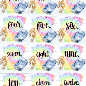May include: Twelve tie-dye shirts with numbers one through twelve printed on them in black. Each shirt is paired with denim shorts and sandals.