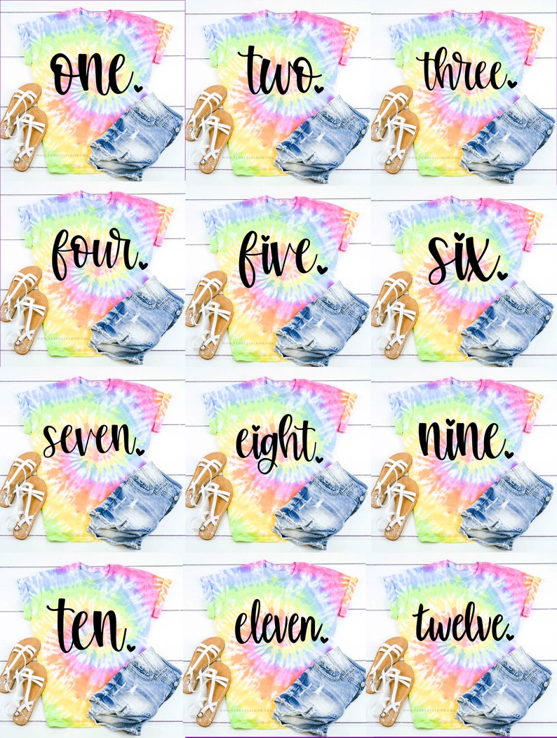 May include: Twelve tie-dye shirts with numbers one through twelve printed on them in black. Each shirt is paired with denim shorts and sandals.