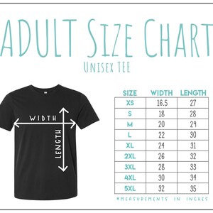 Puede incluir: Tabla de tallas de camiseta unisex con medidas en pulgadas. La tabla muestra el ancho y la longitud de la camiseta en pulgadas para las tallas XS a 5XL.