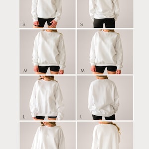 May include: A plain white crewneck sweatshirt shown in sizes small, medium, large, and extra-large. Each size is displayed from both the front and back views, featuring long sleeves, ribbed cuffs, and a ribbed hemline in a solid white color.