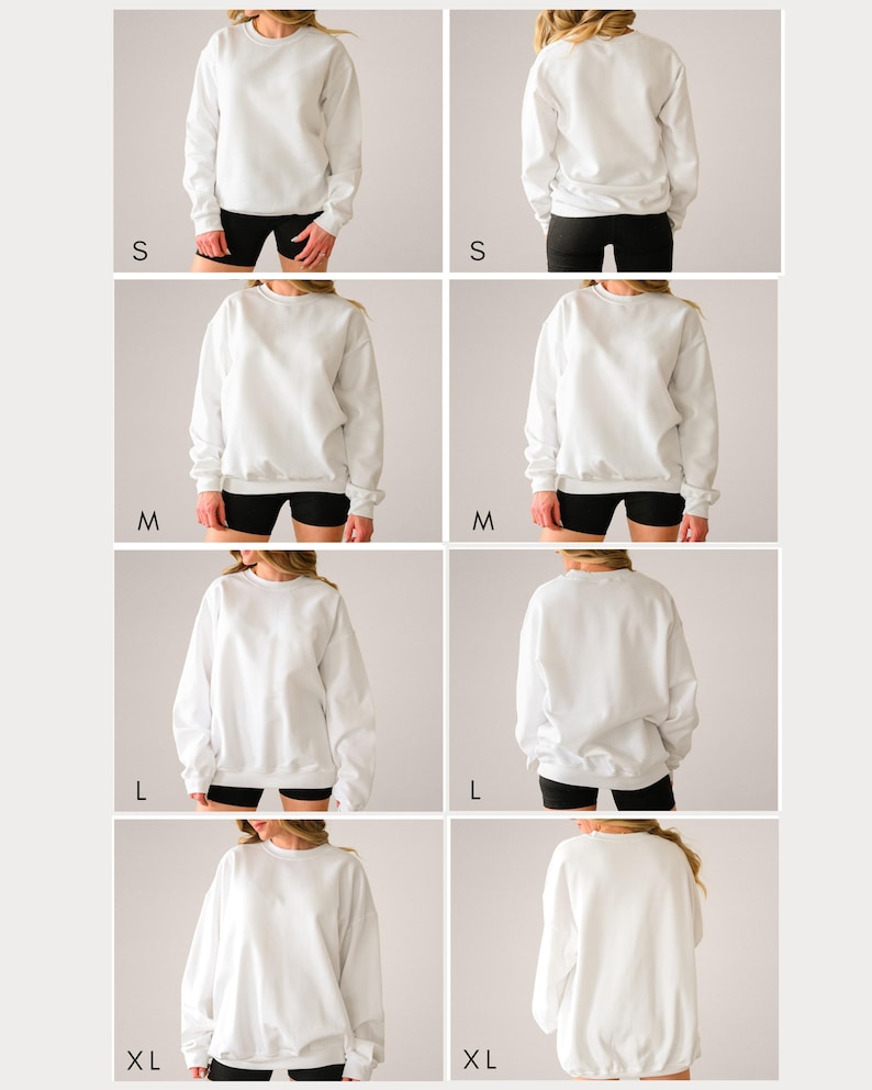 May include: A plain white crewneck sweatshirt shown in sizes small, medium, large, and extra-large. Each size is displayed from both the front and back views, featuring long sleeves, ribbed cuffs, and a ribbed hemline in a solid white color.