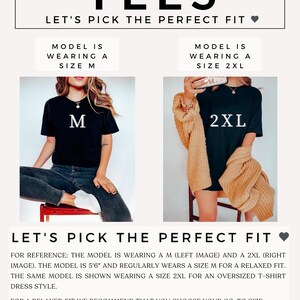 May include: A promotional graphic for t-shirts. The word "TEES" is at the top, with the text "LET'S PICK THE PERFECT FIT" below. Two models are shown wearing black t-shirts, one size M and the other size 2XL. Additional text provides sizing recommendations.