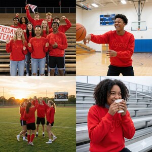 Puede incluir: Una sudadera roja de cuello redondo con la palabra Tigers en relieve en la parte delantera. La prenda se muestra en diversos entornos, como un grupo de personas con sudaderas rojas, una cancha de baloncesto, un campo de deportes y una persona sosteniendo una taza.