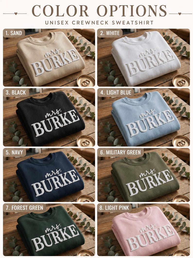 May include: A collection of eight crewneck sweatshirts in sand, white, black, light blue, navy, military green, forest green, and light pink. Each sweatshirt features the text "mrs. BURKE" in raised, white, dimensional lettering across the chest.