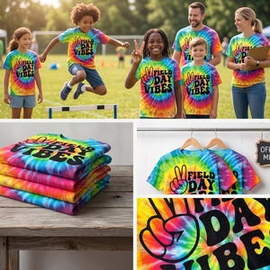 Puede incluir: Camisetas te&ntilde;idas con la t&eacute;cnica tie-dye con el texto "FIELD DAY VIBES" en negro, con un signo de la paz. Las camisetas son de varios colores, incluyendo amarillo, naranja, azul y rosa. Personas llevan las camisetas en un campo.