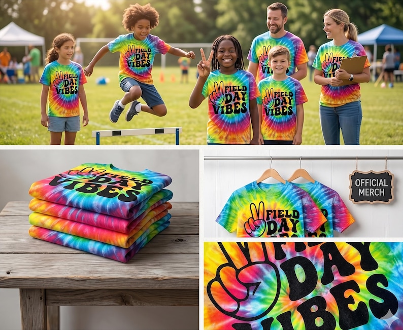 Puede incluir: Camisetas te&ntilde;idas con la t&eacute;cnica tie-dye con el texto "FIELD DAY VIBES" en negro, con un signo de la paz. Las camisetas son de varios colores, incluyendo amarillo, naranja, azul y rosa. Personas llevan las camisetas en un campo.