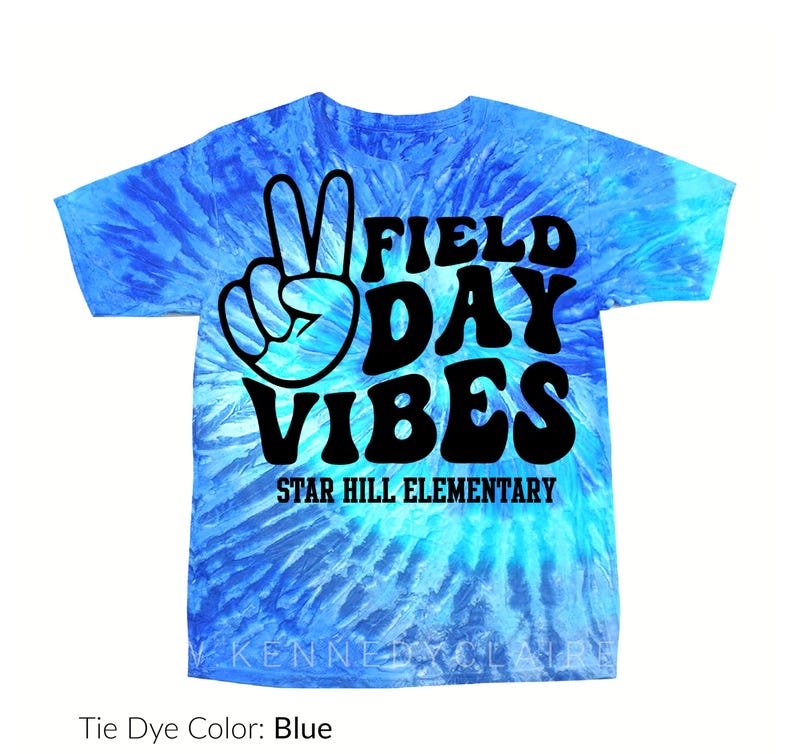 Puede incluir: Camiseta azul te&ntilde;ida con la frase "FIELD DAY VIBES" en negro y un signo de la paz. El texto "STAR HILL ELEMENTARY" est&aacute; debajo. La camiseta tiene cuello redondo.