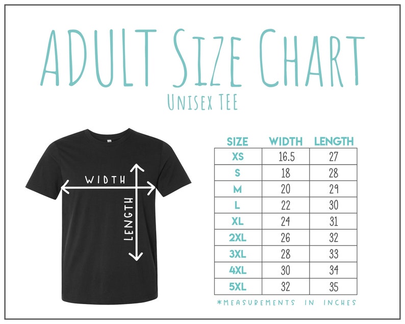 Puede incluir: Tabla de tallas de camiseta unisex con medidas en pulgadas. La tabla muestra el ancho y la longitud de la camiseta en pulgadas para las tallas XS a 5XL.
