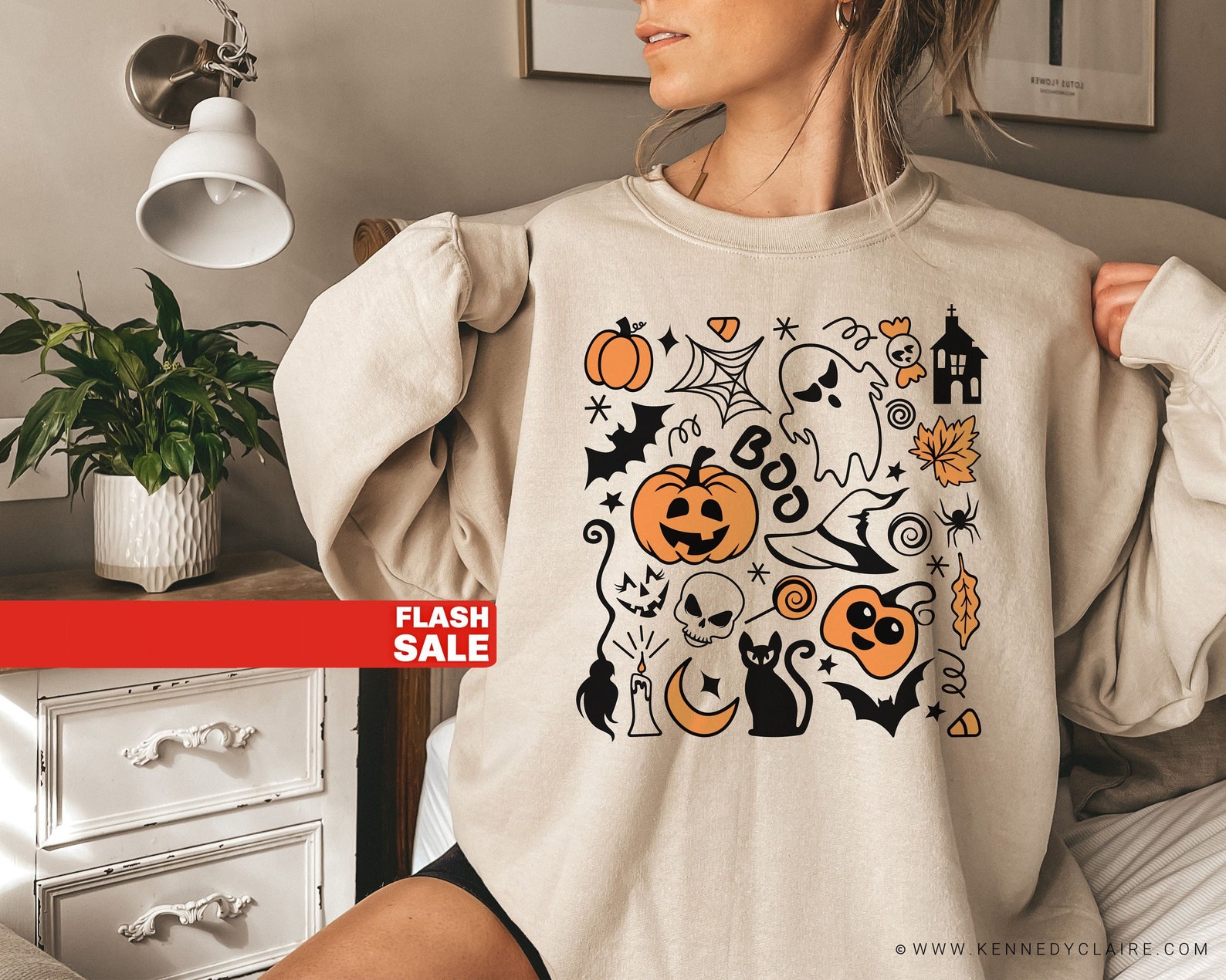 Vintage Halloween Pumpkin Print Casual Cotton Sweatshirt main image 1
