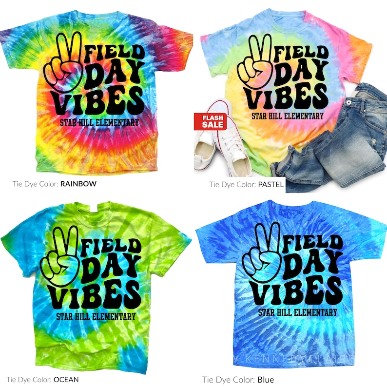 Puede incluir: Cuatro camisetas te&ntilde;idas con la t&eacute;cnica tie-dye con el texto "FIELD DAY VIBES" y "STAR HILL ELEMENTARY". Las camisetas tienen dise&ntilde;os tie-dye de arco&iacute;ris, pastel, oc&eacute;ano y azul. Tambi&eacute;n se muestran unos pantalones cortos vaqueros y zapatillas blancas.