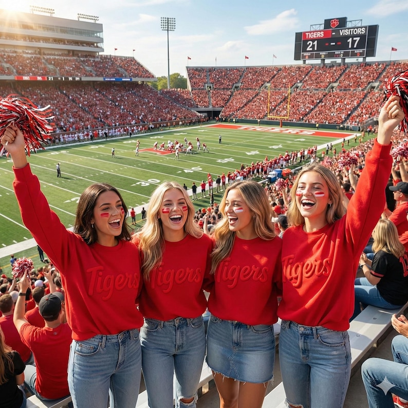 Puede incluir: Cuatro personas con sudaderas rojas de manga larga a juego con la palabra Tigers en relieve en la parte delantera, combinadas con vaqueros o falda de mezclilla azul, animando en un estadio de f&uacute;tbol con un marcador de 21 a 17.