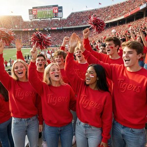 Puede incluir: Un grupo de personas en un estadio viste sudaderas rojas con la palabra Tigers en relieve en el frente. Animan con pompones rojos y negros en las manos. Algunas personas tienen marcas de pintura roja en las mejillas.