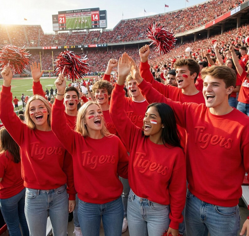 Puede incluir: Un grupo de personas en un estadio viste sudaderas rojas con la palabra Tigers en relieve en el frente. Animan con pompones rojos y negros en las manos. Algunas personas tienen marcas de pintura roja en las mejillas.