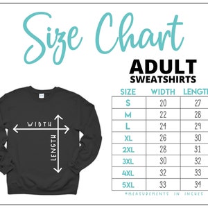 Puede incluir: Tabla de tallas para sudaderas para adultos con medidas en pulgadas. La tabla muestra el ancho y la longitud de las sudaderas en tallas S a 5XL.
