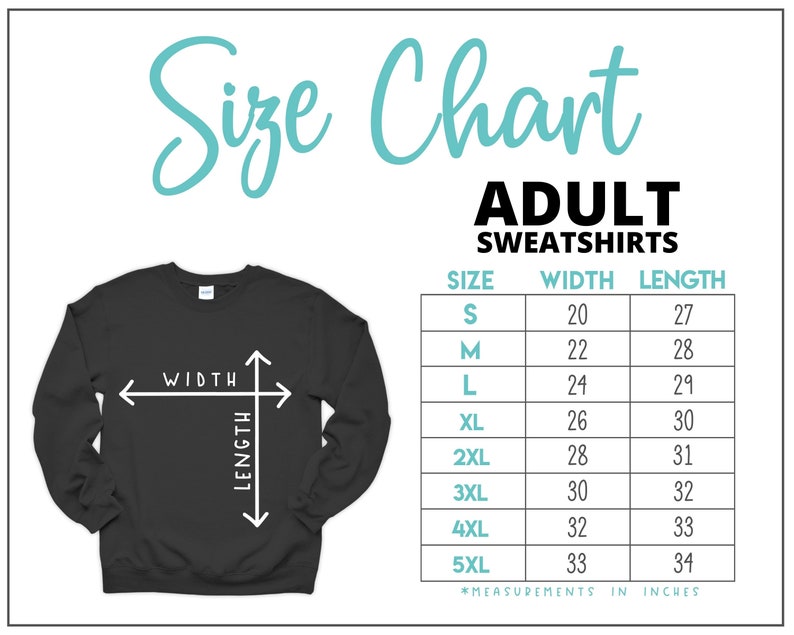 Puede incluir: Tabla de tallas para sudaderas para adultos con medidas en pulgadas. La tabla muestra el ancho y la longitud de las sudaderas en tallas S a 5XL.