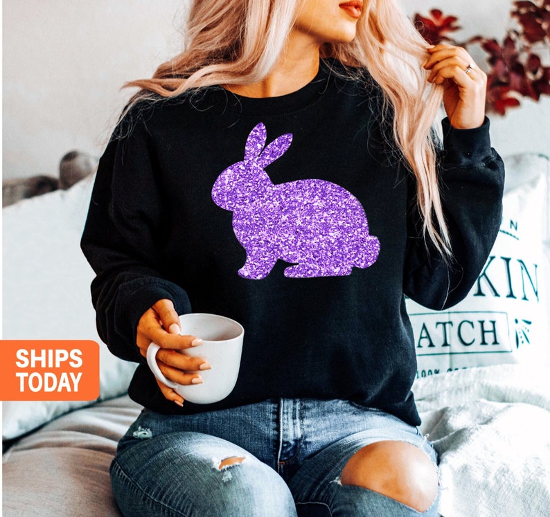 Glitter EASTER BUNNY Shirt - Womens Easter Shirt - Cute Easter Sweatshirt Easter Bunny Tee for Women, Easter hoodie, PURPLE Bunny SWEATER