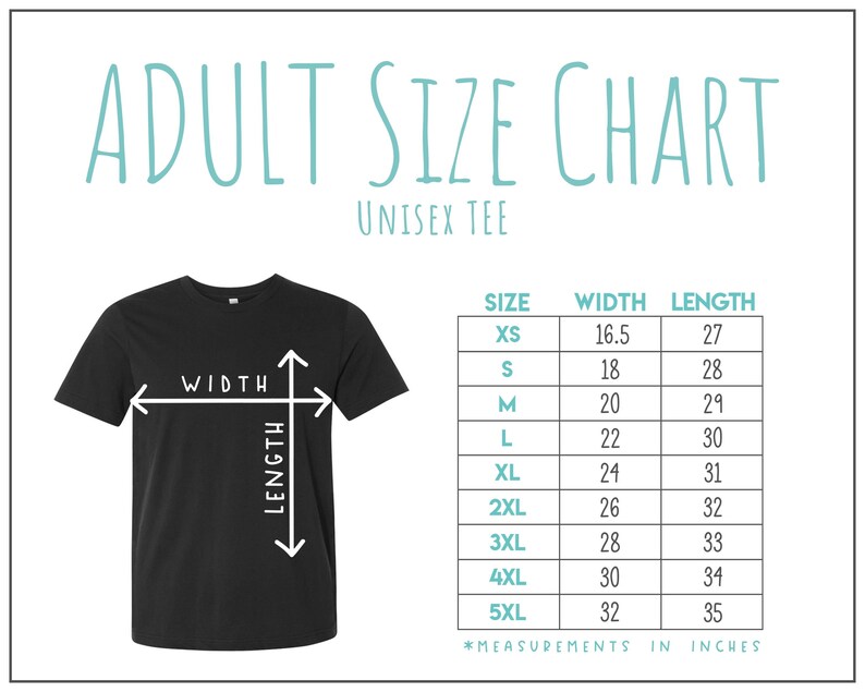 May include: Black unisex tee shirt with a size chart. The chart shows measurements in inches for sizes XS to 5XL. The text "ADULT SIZE CHART" and "UNISEX TEE" are at the top of the image.