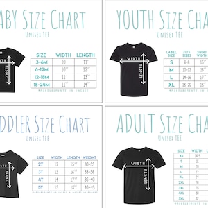 May include: Size chart for unisex t-shirts in baby, toddler, youth, and adult sizes. The chart shows measurements in inches for width, length, and weight (for toddler sizes).