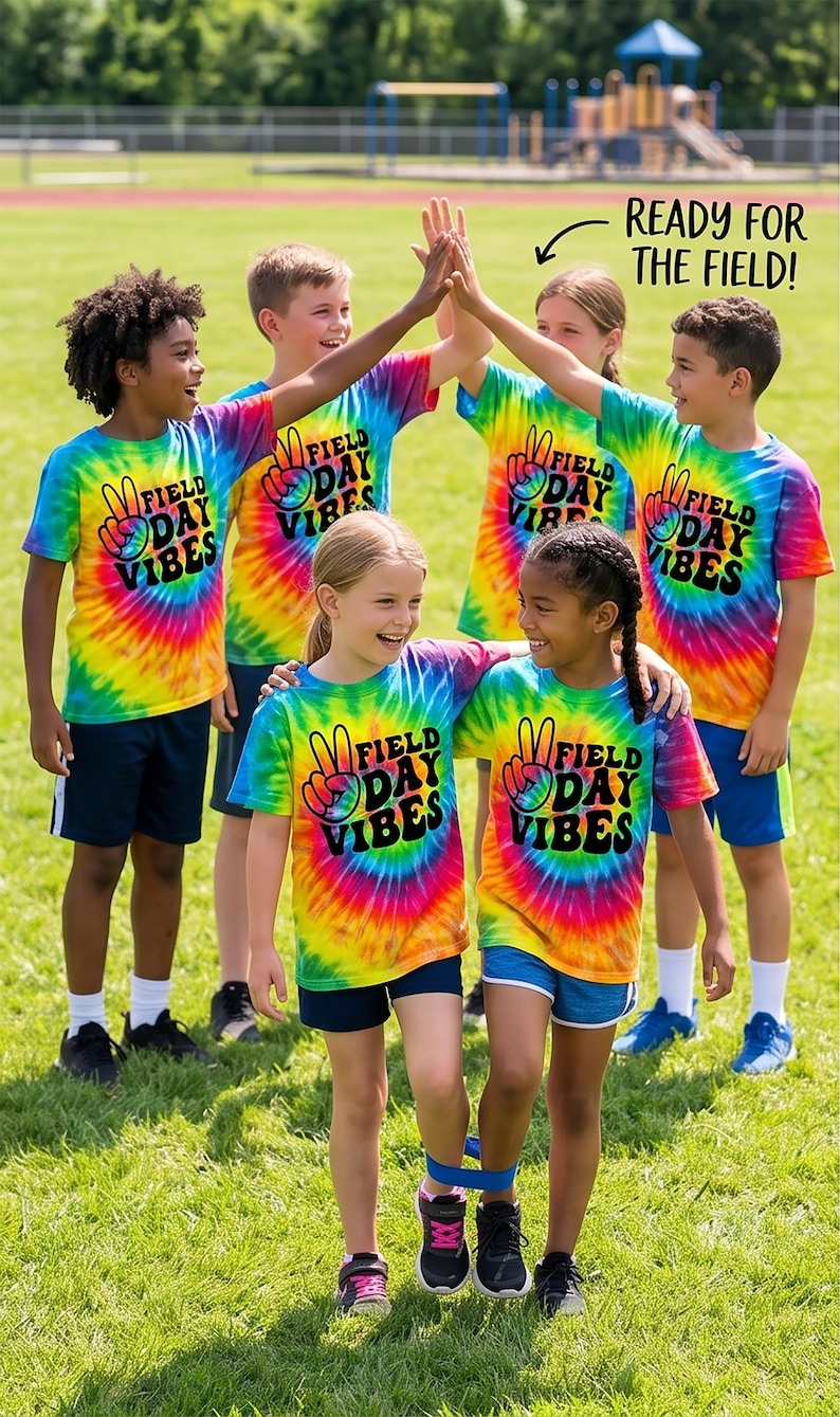 Puede incluir: Ni&ntilde;os con camisetas te&ntilde;idas con la t&eacute;cnica tie-dye con el texto "FIELD DAY VIBES" y pantalones cortos azul marino. Las camisetas son un remolino de colores del arco&iacute;ris. El texto "READY FOR THE FIELD!" est&aacute; escrito encima de los ni&ntilde;os.