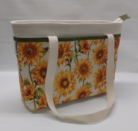 Women's Zippered Shoulder Bag - Sunflower on Cream with Green Accent