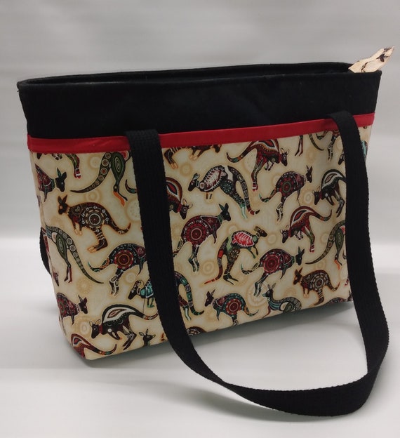 Women's Zippered Shoulder Bag - Kangaroo on Cream with Red accent