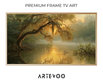 Mystical Sunset Swamp Impressionist Painting, Nature Landscape Samsung Frame TV Art, Ethereal Mossy Tree Decor