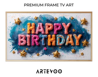 3D Impasto Happy Birthday Painting, Colorful Celebration Frame TV Art, Vibrant Turquoise Orange Contemporary Decor