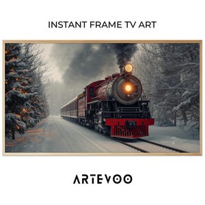 May include: A framed print featuring a vintage red train traveling through a snowy forest. The train's headlight glows brightly, and smoke billows into the sky. The text "INSTANT FRAME TV ART" is at the top, and the logo "ARTEVOO" is at the bottom.